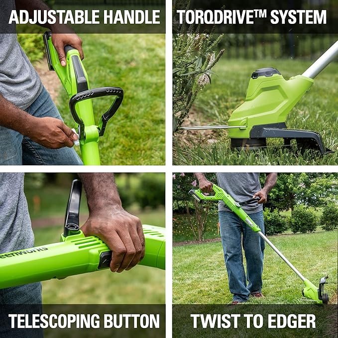 Greenworks 24V 12” TORQDRIVE String Trimmer, 0.065" Trimmer Line, 2Ah USB Battery and Charger