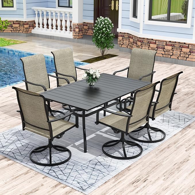 Anmutig 7 Pieces Outdoor Patio Dining Set for 6 Patio Dining Swivel Chairs Textilene & 1 Rectangle Outdoor Dining Table with 1.57" Umbrella Hole for Backyard Bistro Outdoor Furniture Brown/Grey