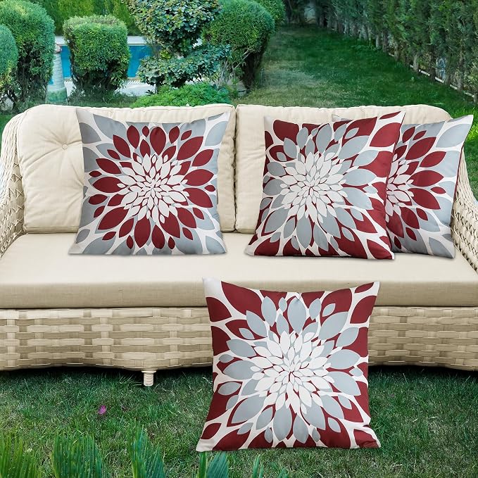 Pack of 4 Outdoor Waterproof Pillow Covers 24x24 Decorative Outdoor Throw Pillows Garden Square Cushion Cases for Patio Furniture, Couch, Tent Sunbrella, Bench, Burgundy Red Grey