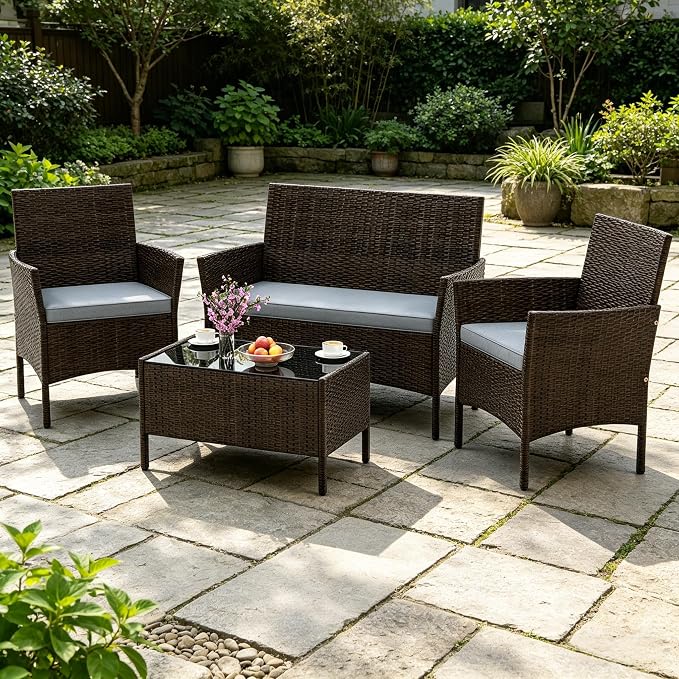 ORALNER 4 Pieces Patio Furniture Set, Rattan Chairs Loveseat with Soft Cushion Glass Table, Outdoor Wicker Conversation Set for Balcony Garden Backyard Porch Poolside (Gray)