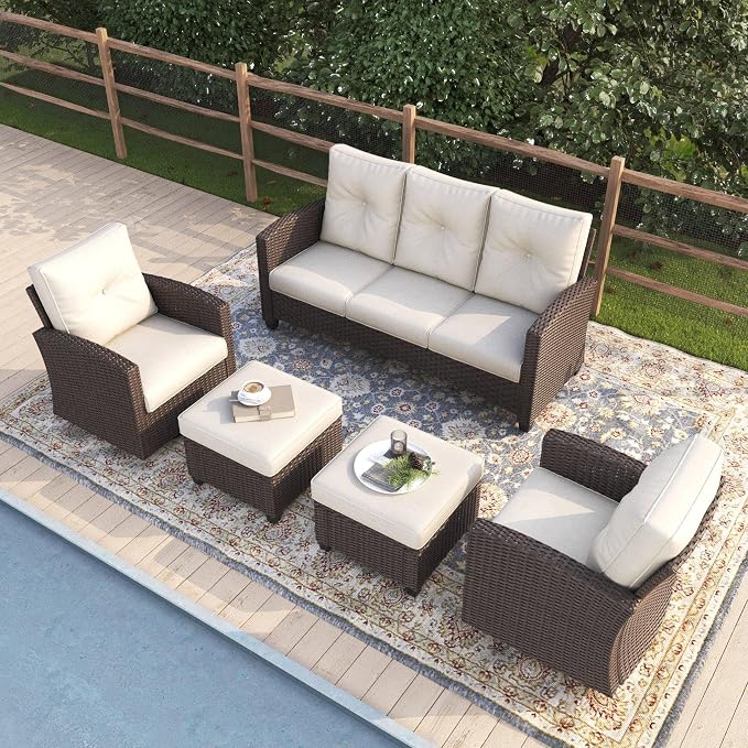 5 Pieces Patio Furniture Swivel Chairs Set, Outdoor Wicker Glider Rocking Chairs with Sofa Set