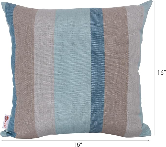 Outdoor/Indoor Sunbrella Throw Pillow Cover Only Square Set of 2 Pieces 16 inch x 16 inch Gateway Mist Stripe - Insert Not Included, Blue/Brown