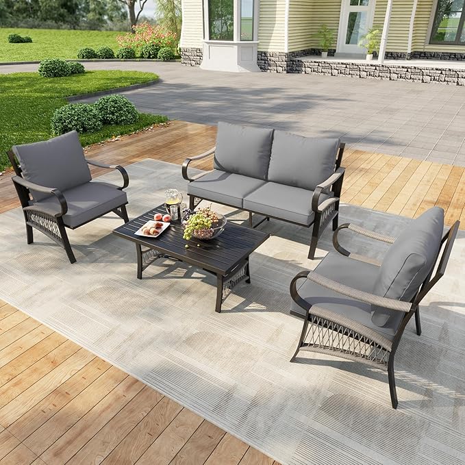 4 Pieces Patio Furniture Set, Metal Outdoor Conversation Sets with Coffee Table, Modern Couch Sofa Set Includes Single Chairs and Loveseat Seating Group (Thick Gray Cushions)