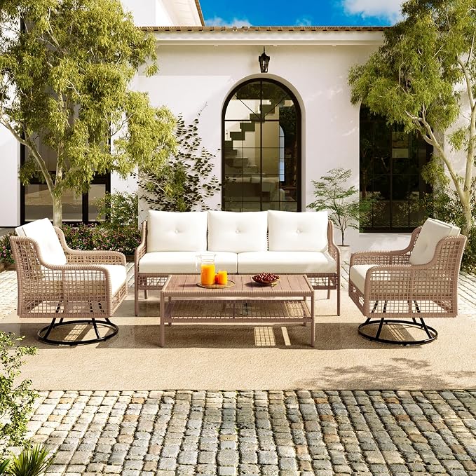 4 Piece Outdoor Furniture Set with Swivel Chair, High Back Wicker Rattan Sofa with Coffee Table for 5 People, Sectional Conversation Set for Patio Poolside Backyard Deck, Beige