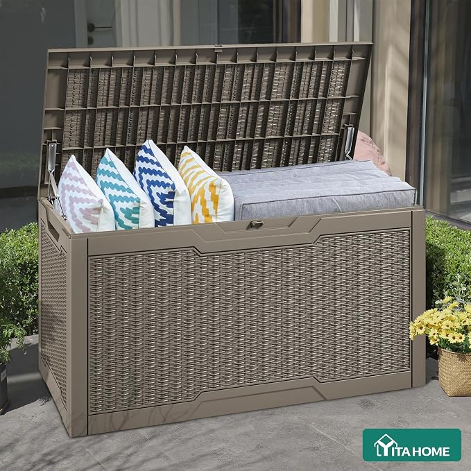 YITAHOME 100 Gallon Large Resin Deck Box Outdoor Storage Boxes for Patio Furniture, Outdoor Cushions, Garden Tools and Pool Supplies-Waterproof,Lockable (Taupe)