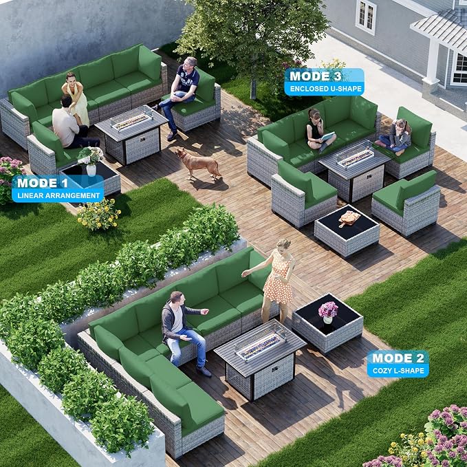 8-Piece Patio Furniture Set, Outdoor Patio Furniture with 55,000 BTU Fire Pit Table, Thick Cushions, Modular Patio Sofa, Dual-Strand Wicker Rattan, Rust-Resistant Frame, Dark Green