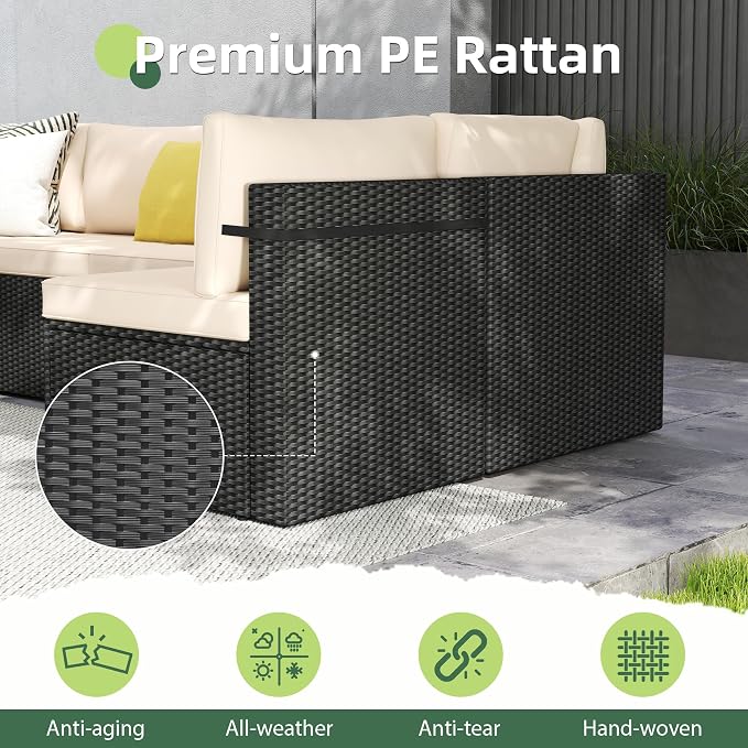 7-Piece Outdoor Sectional Sofa Set, Weather-Resistant Patio Furniture Set with Washable Cushions and Coffee Table, Black Rattan Patio Conversation Set for Poolside, Backyard, Deck (Beige)