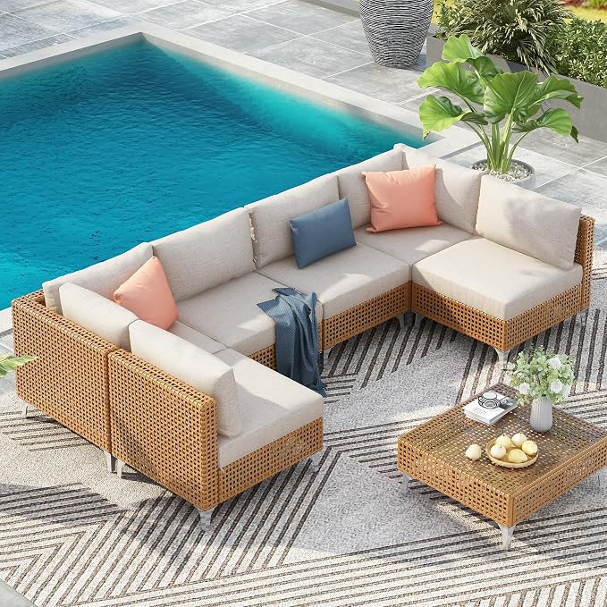 VilroCaz 7-Piece Outdoor Patio Furniture Set, Wicker Sectional Sofa wThick Seat Cushions, All-Weather Conversation Sofa Sets with Coffee Table for Outdoor Couch, Porch, Backyard (Beige-7C)