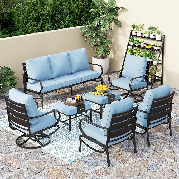 PHI VILLA 7 PCS Patio Furniture Set,Metal Outdoor Furniture with 1x 3 Seater Cushioned Deep Seating Bench Sofa, 2 Swivel Chair, 2 x Leg Sofa Chairs & 2 Ottoman for 7 Person, Light Blue