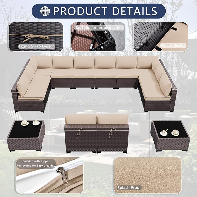 Outdoor Patio Furniture Set, 14 Pieces Outdoor Sectional Furniture Patio Sofa, All-Weather PE Rattan Patio Conversation Set with Tempered Glass Top Table & Cushions(Brown).