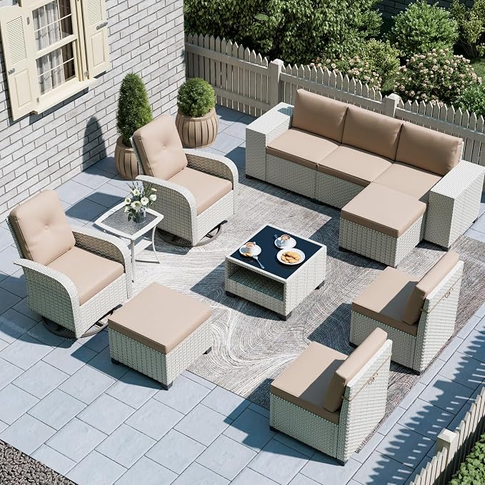 11-Piece Outdoor Patio Furniture Set, Modular Sectional Sofa Set with Swivel Rocker Chairs & Ottomans, Wicker Outdoor Couch Conversation Sets w/Coffee Table and Cushions, Khaki