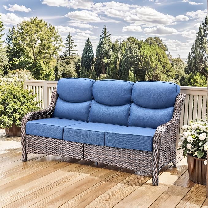 HUMMUH Luxury Patio Furniture Set 6-inch Thick Cushions High Back Swivel Rocker Chairs & 3 Seater-Couch & Steel Fire Pit Table 5 Pieces Outdoor Conversation Set for Porch,Deck,Backyard