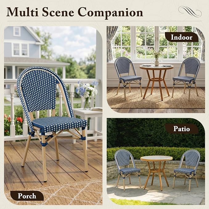 PURPLE LEAF 3-Piece French Bistro Dining Set Round Outdoor Patio Table and 2 Armless Chairs Tempered Glass Top PE Rattan Champagne Print Finish Aluminum Frame Navy Blue