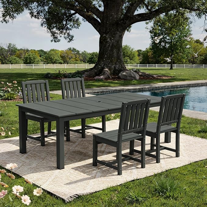 AreShark 5-Piece Outdoor Dining Set,HDPE Patio Table with 4 Armless Chairs,All-Weather Patio Furniture Set with Umbrella Hole,Low Maintenance Wood Grain Dining Set for Backyard,Garden,Poolside,White