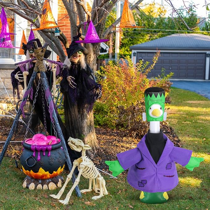 Watayo 2 Pcs/Set Halloween Monster Goose Outfits, Porch Goose Statue Monsters Costume, Purple Lawn Goose Monster Clothes with Hat for 23" Statue Halloween Fall Outdoor Patio Garden Yard Decor