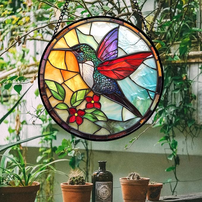 DASTOLL Stained Glass Window Hanging, Hummingbird Gifts Sun Catchers Diamond Glass Panel Hangings Birds Suncatcher Decor for Birthday for Women, Men, Wife, Aunt, and Mom 14.9x14.9 in