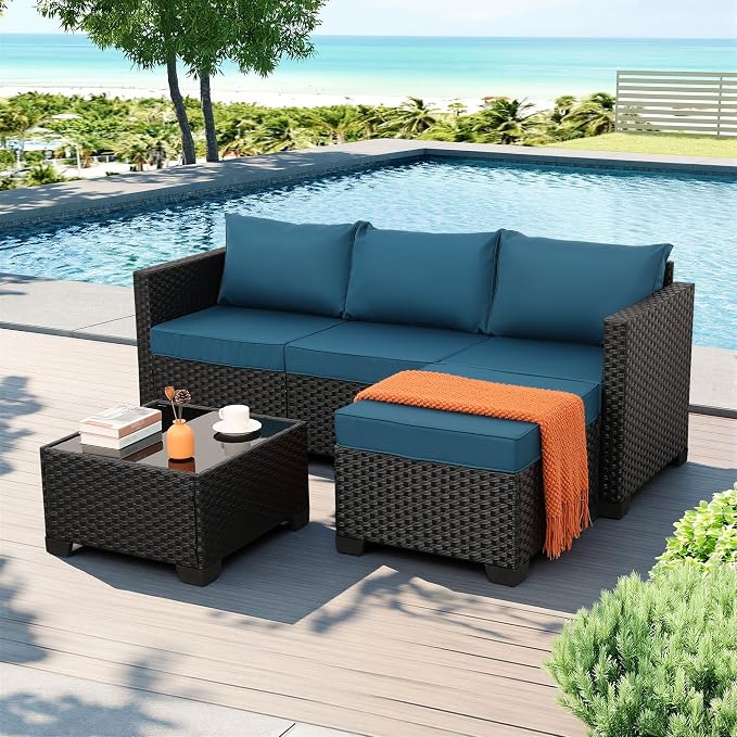 Rattaner Outdoor Furniture Set 3 Pieces Wicker Patio Furniture Outdoor Sectional Patio Couch Outdoor Coffee Table All-Weather Non-Slip Cushions Waterproof Covers, Peacock Blue