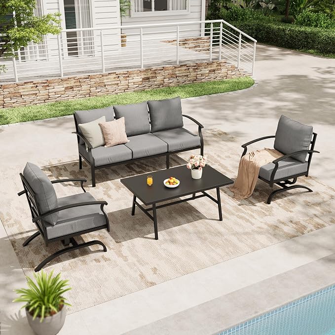 Metal Patio Furniture Set, 4 Piece Outdoor Sectional Conversation Sofa Set, 3-Seat Sofa w/2 Single Sofas and Coffee Table, Garden, Porch, Balcony, Deck, Grey