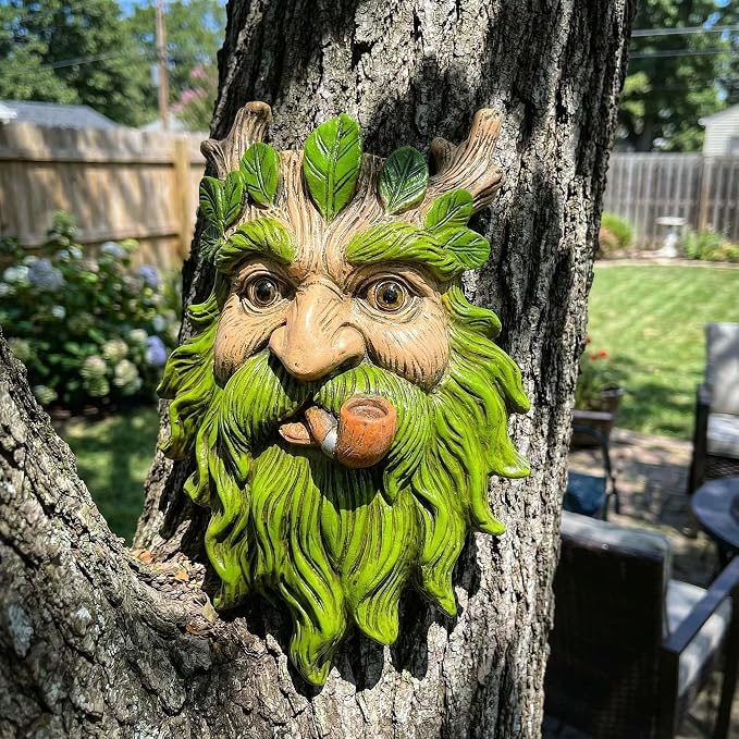9.9" Whimsical Tree Face Sculpture, Garden Peeker Statue, Outdoor Trunk Tree Huggers Art, Landscape Accent Ornament, Hanging Fairy Elve Figurine for Yard Art, Trees Decor Wall Mounted Statues