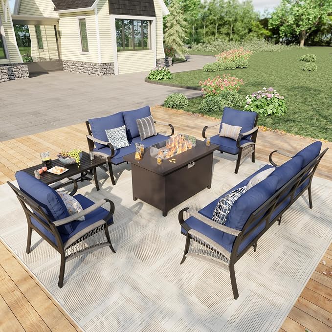 6 Pieces Modern Patio Furniture Set, All Weather Metal Outdoor Conversation Sets with Fire Pit Table for Backyard Garden Deck Porch Poolside, Blue