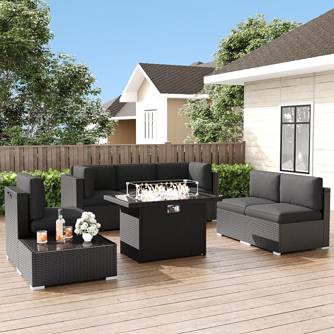 LayinSun 8 Pieces Patio Furniture Set with Fire Pit Table, Black Rattan Modular Sectional Patio Conversation Sofa Set