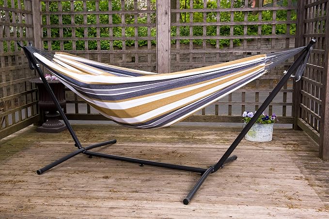 Vivere Double Cotton Hammock with Space Saving Steel Stand, Upgraded Polyester End Strings 450 lb Capacity - Premium Carry Bag Included (Desert Moon)