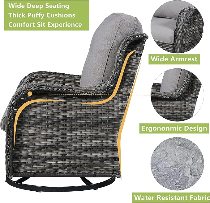 Rilyson Wicker Patio Furniture Set - 6 Piece Rattan Outdoor Sectional Conversation Sets with 2 Swivel Rocking Chairs,2 Ottomans,1 Sofa and 1 Coffee Table for Porch Deck Garden(Mixed Grey/Grey)