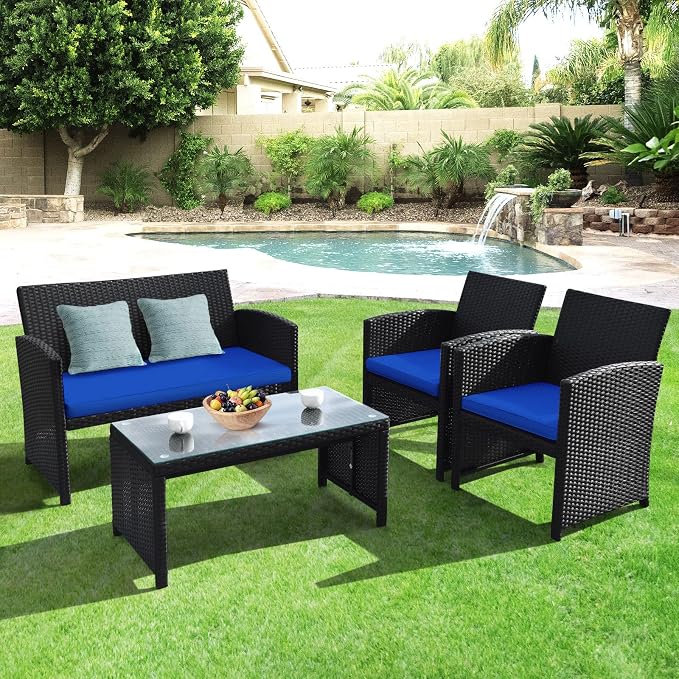 Goplus Rattan Patio Furniture Set 4 Pieces, Outdoor Wicker Conversation Sofa and Table Set with Soft Cushions & Tempered Glass Coffee Table for Balcony Garden Backyard (Blue)
