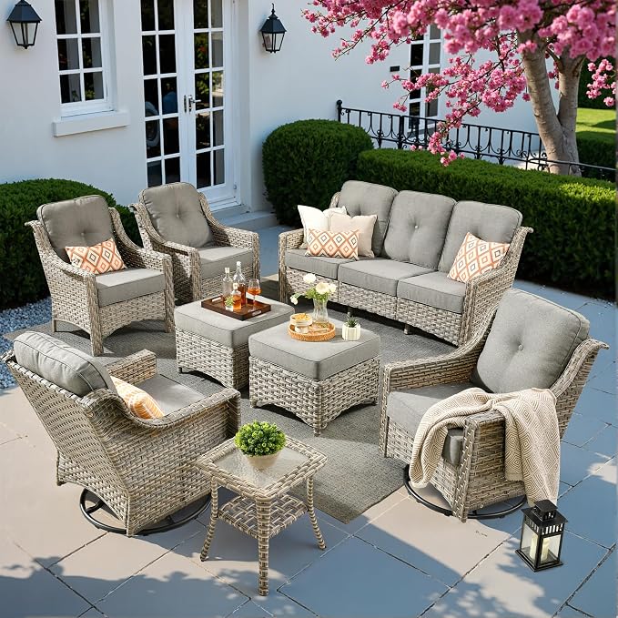 8 PCS Outdoor Patio Furniture Sets,Patio Conversation Sets Outside Rattan Soft Cushion Sofa with 2 Wicker Rocking Chairs Soft Cushion Fit Backyard Porch Garden Poolside Balcony,Dark Grey