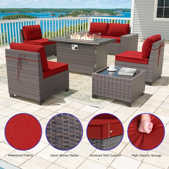 7 Pieces Outdoor Patio Furniture Set with 43"/55000BTU Gas Fire Pit Table,PE Rattan Wicker Outdoor Conversation Sofa Set Non-Slip Cushions Waterproof Covers for Backyard,Poolside,Garden,Red