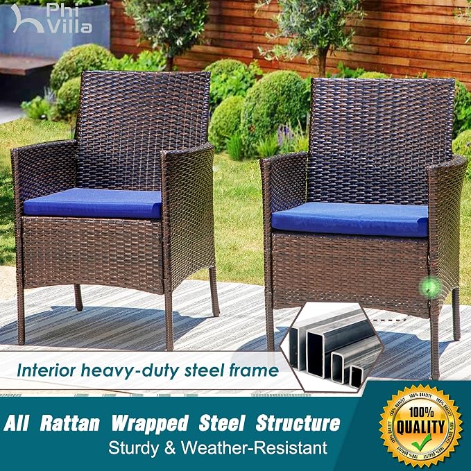 PHI VILLA 7pc Patio Dining Set w/Umbrella, Rectangular Table, Rattan Chairs | Outdoor Dining Set for 6, 60” Metal Table & 6 Cushioned Rattan Chairs with Red Umbrella for Outdoor, Deck, Yard, Porch
