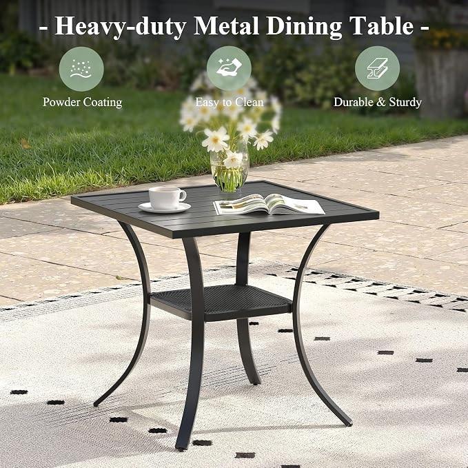 Outdoor Dining Set for 2, 28" Metal Square Outdoor Dining Table and Sling Patio Swivel Chairs, 3 Pieces Patio Table and Chairs Set for Garden Backyard, Dark Blue and Black