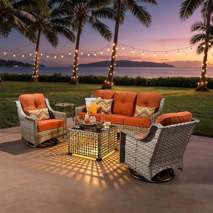 ovios 5 Piece Outdoor Patio Furniture with 3 Seat Sofa,Rattan Wicker Coversation Set with Swivel Rocking Chair,Balcony Sofa Set with Shiny Table for Outside Porch Backyard Pool, Red