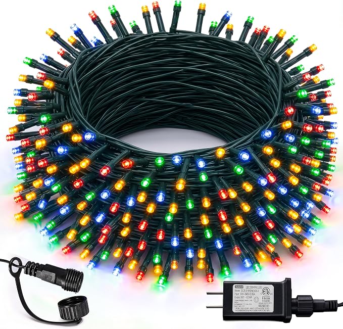 Dazzle Bright 300 LED Christmas String Lights, 100 FT Connectable Waterproof String Lights Green Wire with 8 Modes, Christmas Decorations for Indoor Outdoor Xmas Party Yard Garden (Multi Colored)