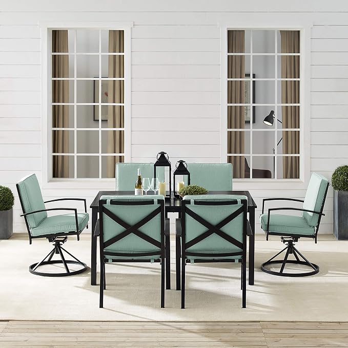 Crosley Furniture Kaplan 7-Piece Outdoor Dining Set for 6, Patio Table and Chairs for Backyard, Deck, Oiled Bronze with Mist Cushions