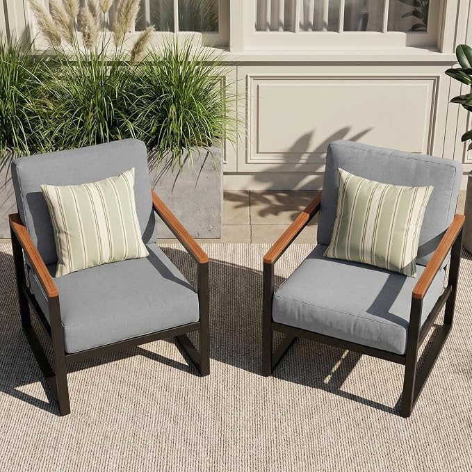NATURAL EXPRESSIONS Aluminum Outdoor Furniture Armchair, Patio Chairs Set of 2 with Fauxwood Armrest, 6" Olefin Cushion, All-Weather Outside Chair for Porch, Yard, Balcony, Deck