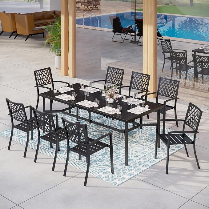 MFSTUDIO Patio Dining Set for 8, Outdoor Dining Set with Umbrella Hole, Metal Patio Table and Chairs Set, 9 Piece Outdoor Patio Furniture Set for Deck Backyard Poolside Garden
