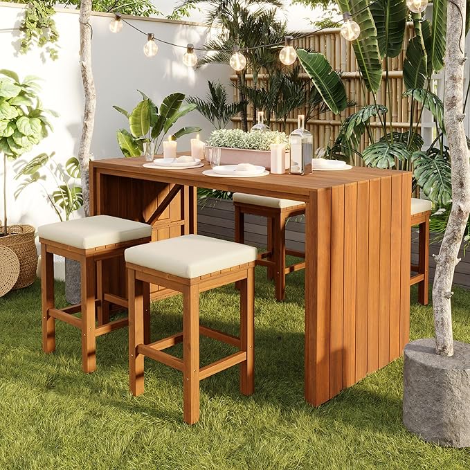 5 Piece Outdoor Bar Set, Patio Acacia Wood Bar Height Table & Four Stools with Cushions, Poolside, Backyard Furniture for Stylish Entertaining