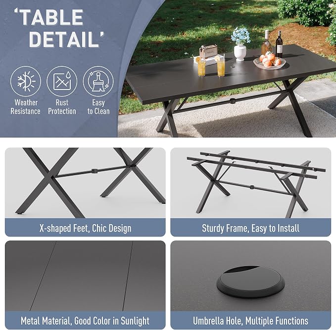 Kurapika 7-Piece Patio Dining Set, Patio Furniture Set for 6, Outdoor Large Metal Table with Umbrella Hole and Textilene Swivel/Rocking Chairs, for Garden, Deck, Porch, Pool All Weather, Brown