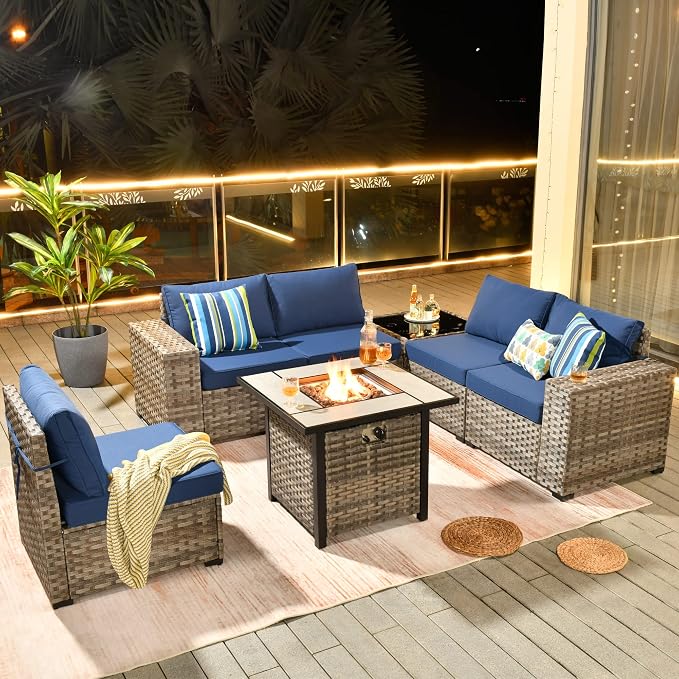 HOOOWOOO Outdoor Patio Sectional Furniture Sofa Set with Propane Gas Fire Pit Table,7 Piece Small Modern Wicker Couch with Widened Armrest,Modular Conversation Seating Set for Out Door(Navy Blue)