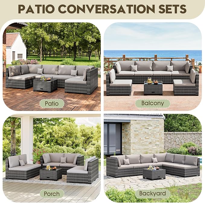 LHBcraft 7 Piece Patio Outdoor Furniture Set, Outdoor Sectional, All-Weather Hand-Woven Wicker Patio Sectional Sofa, Rattan Outside Furniture with Grey Cushion and Glass Coffee Table