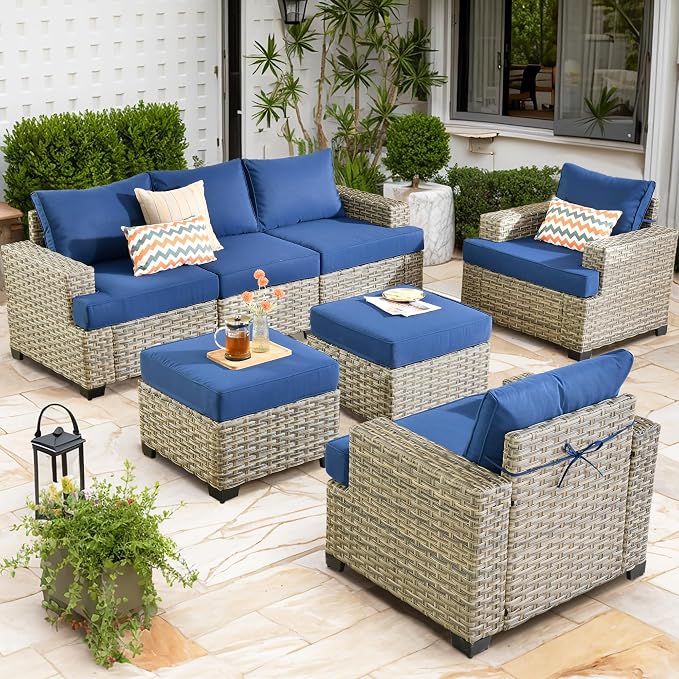 CAODOC Patio Furniture Sets 7 Pieces Outdoor Sectional Rattan Sofa Manual Weaving Wicker Patio Conversation Set with Ottomans and T Cushion(Blue)