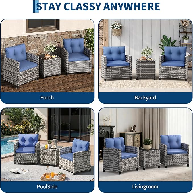 GarveeLife 3 Pieces Patio Furniture Set, PE Rattan Patio Conversation Set with Tempered Glass Tabletop, Outdoor Wicker Chairs and Table Set for Patio Balcony Garden, Grey & Blue