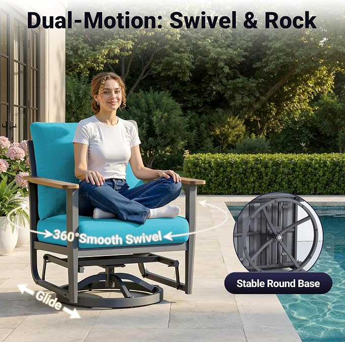 Aluminum Outdoor Patio Furniture Set, 7-Piece Sectional Sofa with 5.1" Thick Cushions, 4 Swivel Rocking Chairs and 2 Side Tables, Outdoor Couch for Backyard, Deck, Blue