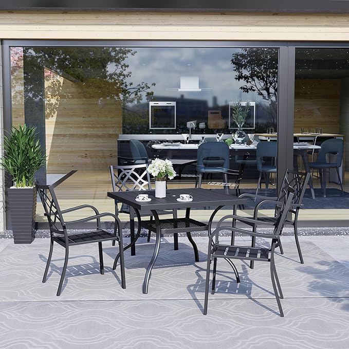 Crownland 5 Piece Outdoor Dining Set, Patio Metal Dining Sets, 4 Stackable Metal Chairs and Square Outdoor Dining Table with 1.57" Umbrella Hole, for Backyard, Lawn, Garden (Classic Black)