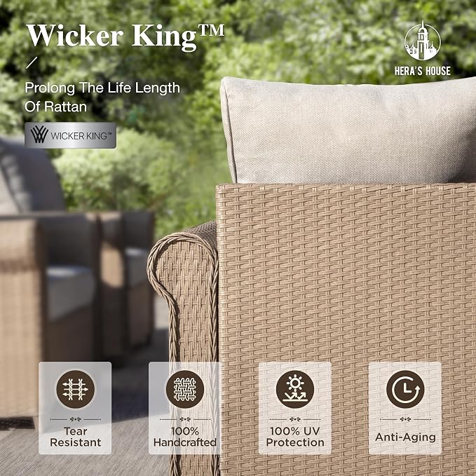 HERA'S HOUSE 5 Pieces Patio Furniture Set, All Weather 7 Seats Outdoor Wicker Sofa with Ottoman, 5.5" Thick Waterproof Cushion Conversation Set for Garden Deck Backyard, Beige