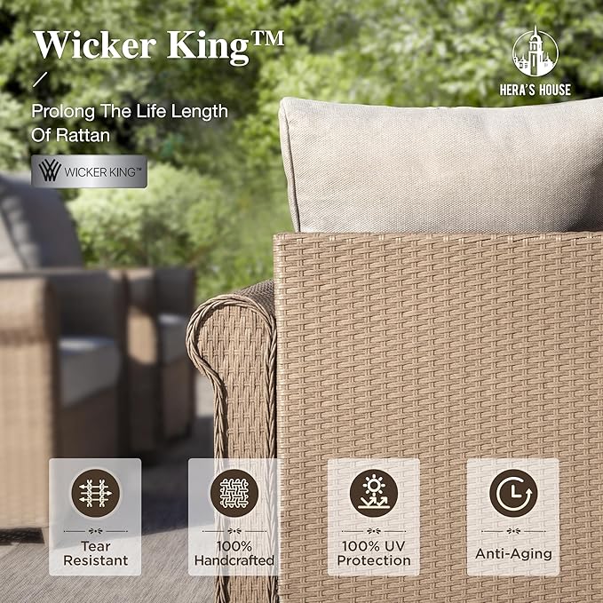 HERA'S HOUSE Patio Furniture Set, 4 x Cushioned Chairs, 3-Seat Sofa with Wood Grain Coffee Table, 5 Seats Luxury Windsor Style All Weahter Outdoor Sofa Conversation Set for Deck Lawn Backyard