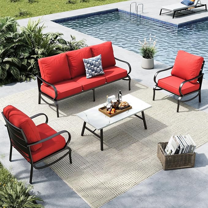 MFSTUDIO 4 Pieces Patio Conversation Set, 5 Seats Metal Patio Furniture Sets with 1 x 3-Seat Sofa, 2 Single Chairs,1 Coffee Table, All Weather Steel Patio Sets with 5.75inch Red Cushion for Garden
