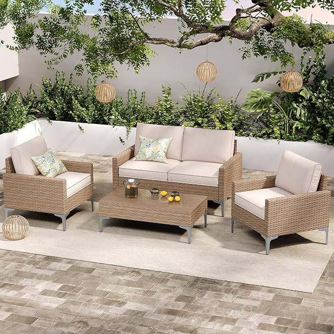4-Piece Outdoor Patio Furniture Set Beige All-Weather Rattan Outdoor Couch with Coffee Table Outdoor Patio Sofa Seating with Cushions for Garden, Poolside, Porch