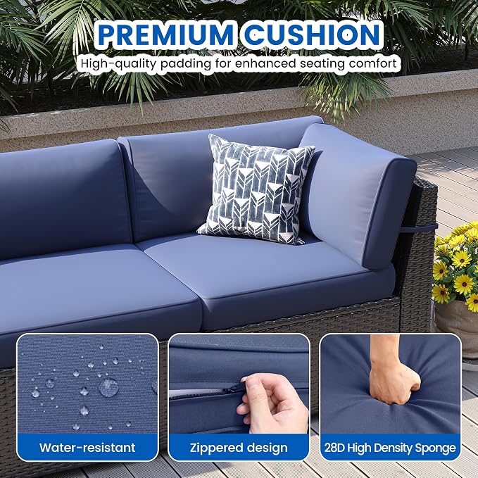 Patio Furniture Sets, 7-Piece Outdoor Patio Furniture with Thick Cushions,Coffee Table Outdoor All-Weather Conversation Set Sectional Sofa for Backyard, Poolside, Garden(Navy Blue)
